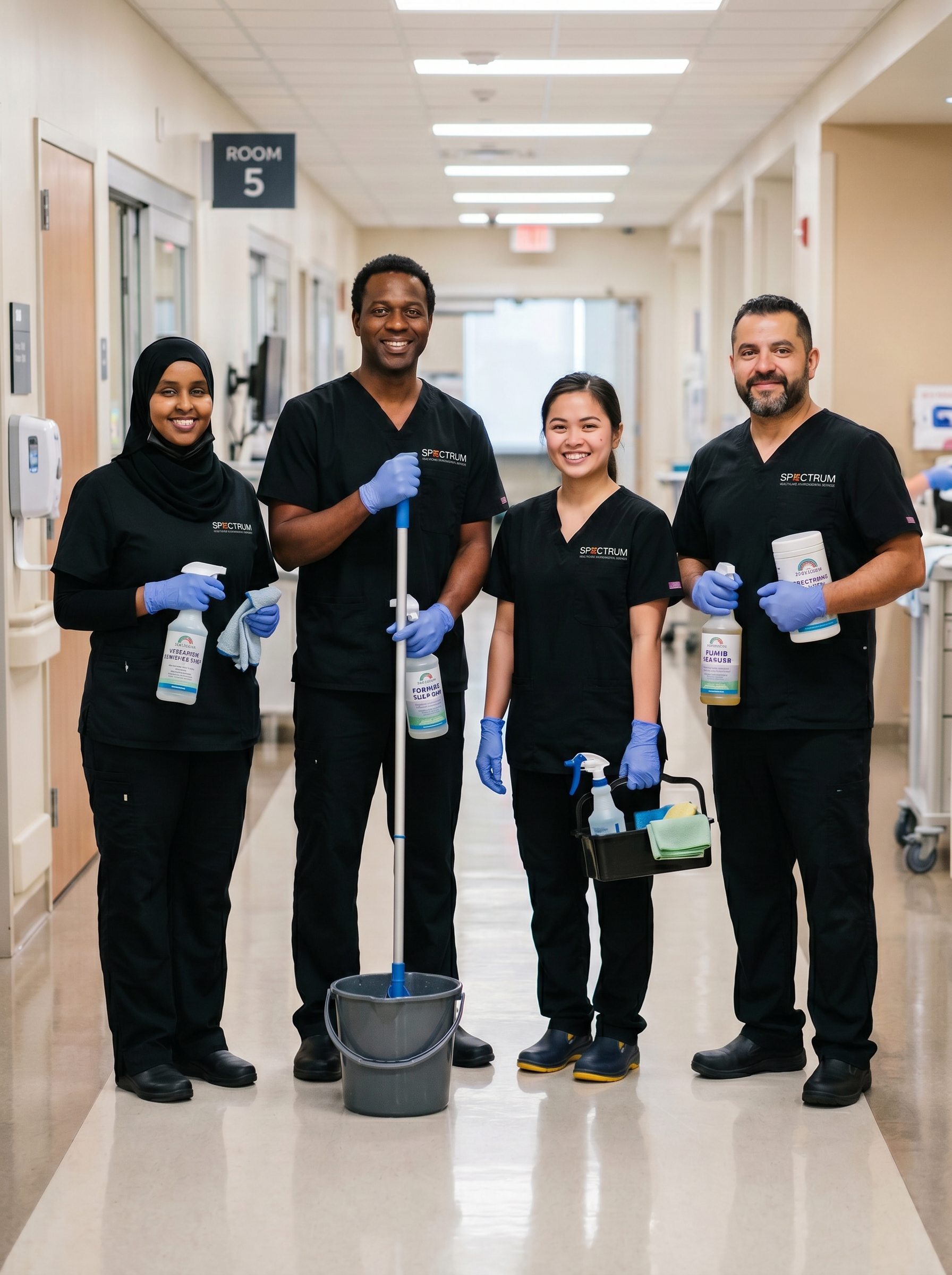 Spectrum Healthcare Environmental Services team in branded scrubs with cleaning equipment in a hospital hallway